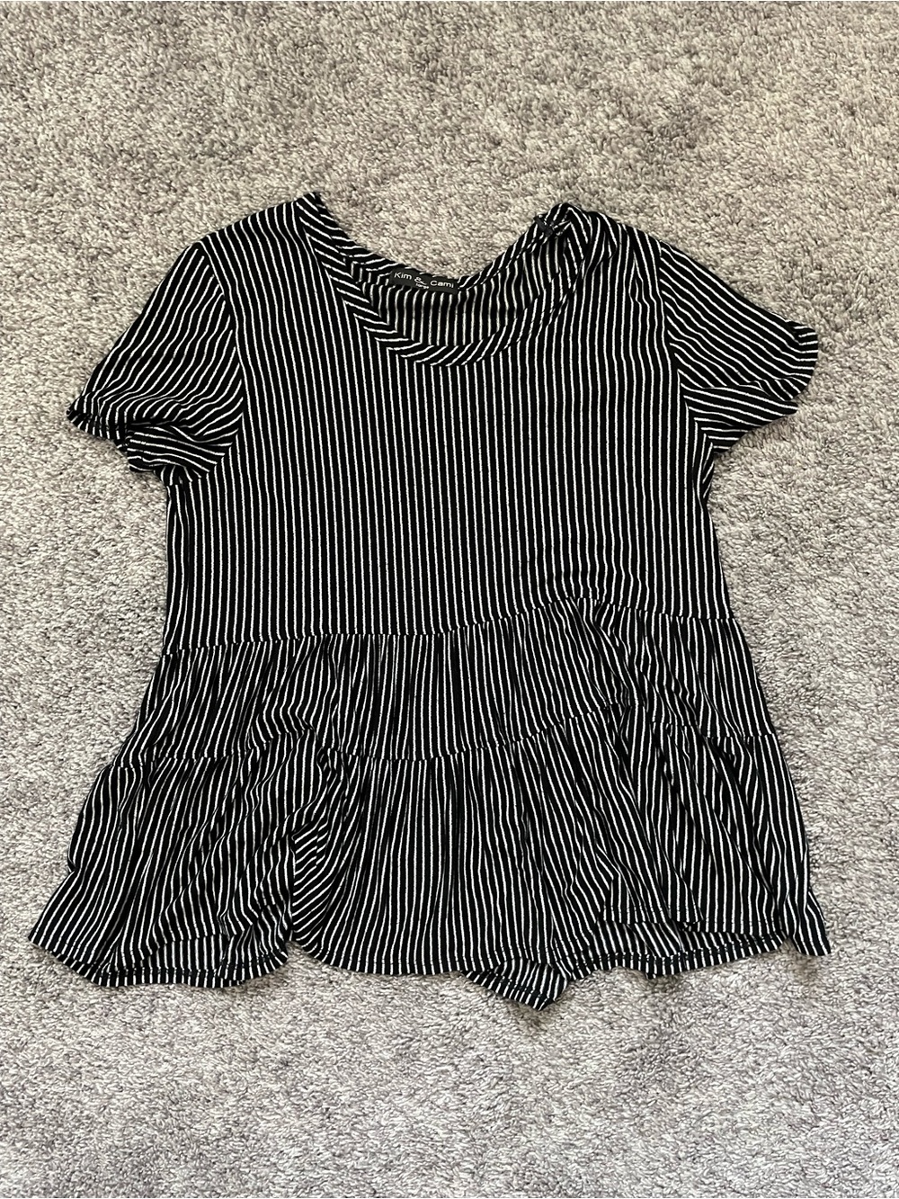 Kim & Cami Black and White Striped Short-Sleeve Peplum Tunic